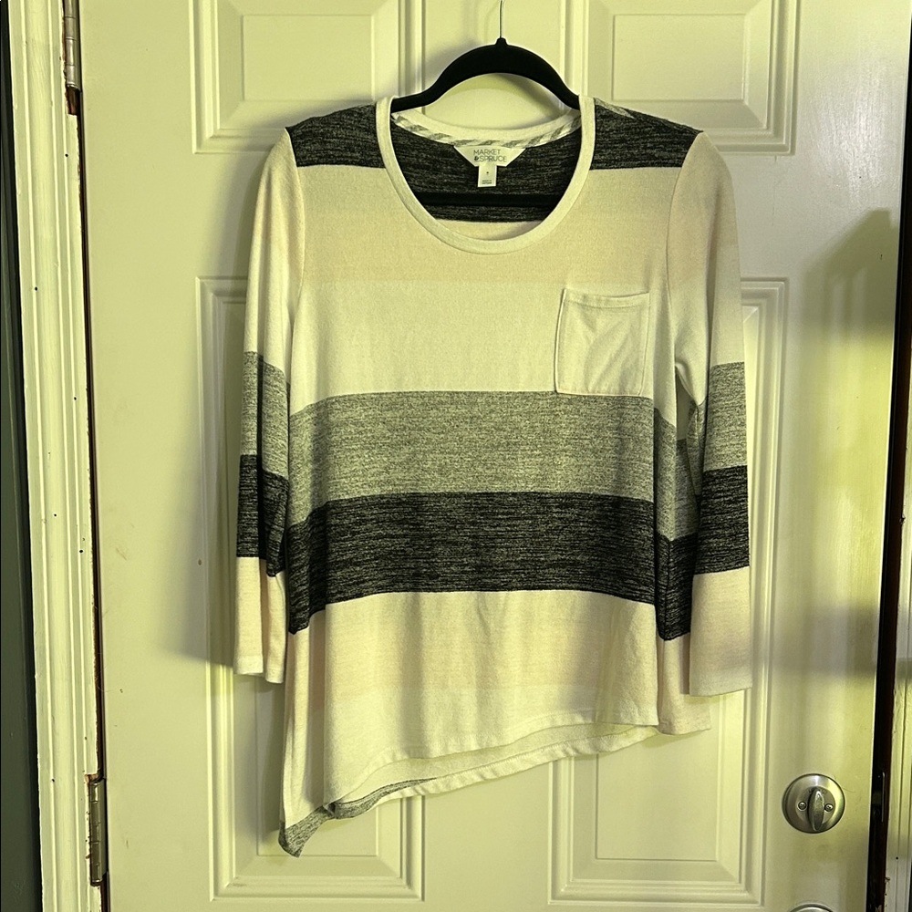 Market & Spruce Striped Scoop-Neck Sweater — Cream & Gray